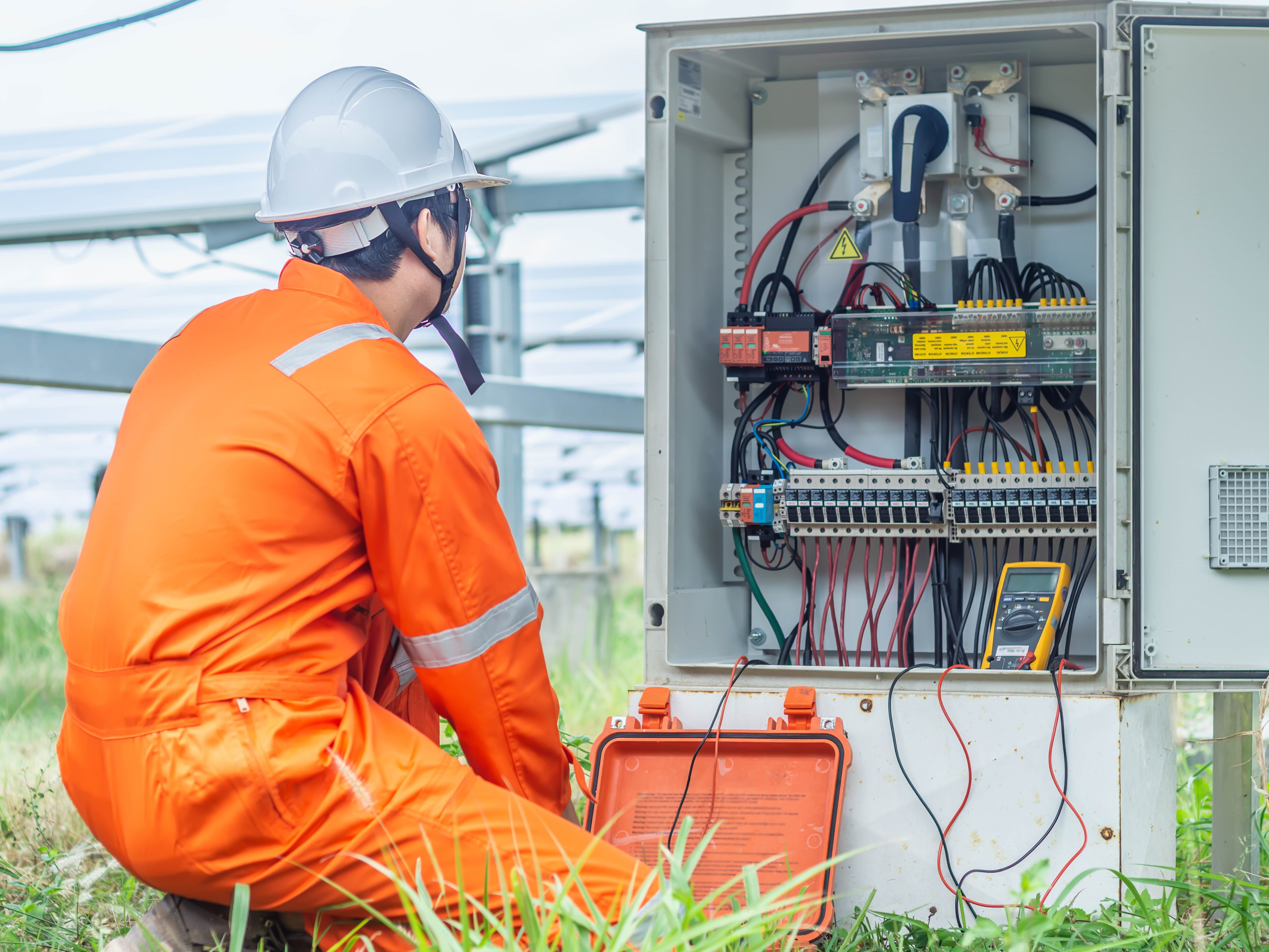Engineers used a tool for checking the performance of the solar panel to confirming systems working normally. Photovoltaic module idea for clean energy production